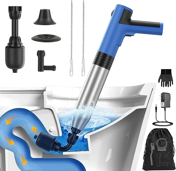 GEGATE Electric Toilet Plunger, All in One High Pressure Drain Unclogger Plungers for Bathroom, Bathtubs, Floors, Heavy Duty Versatile Home Toilet Clog Remover - Blue