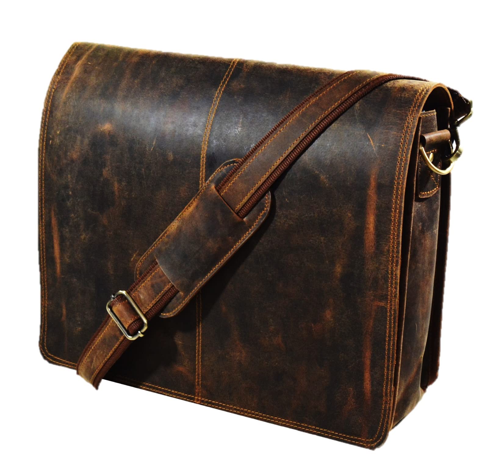 Satchel and Fable Leather Men Laptop Messenger Full Flap Messenger Briefcase Bag 16 inch…