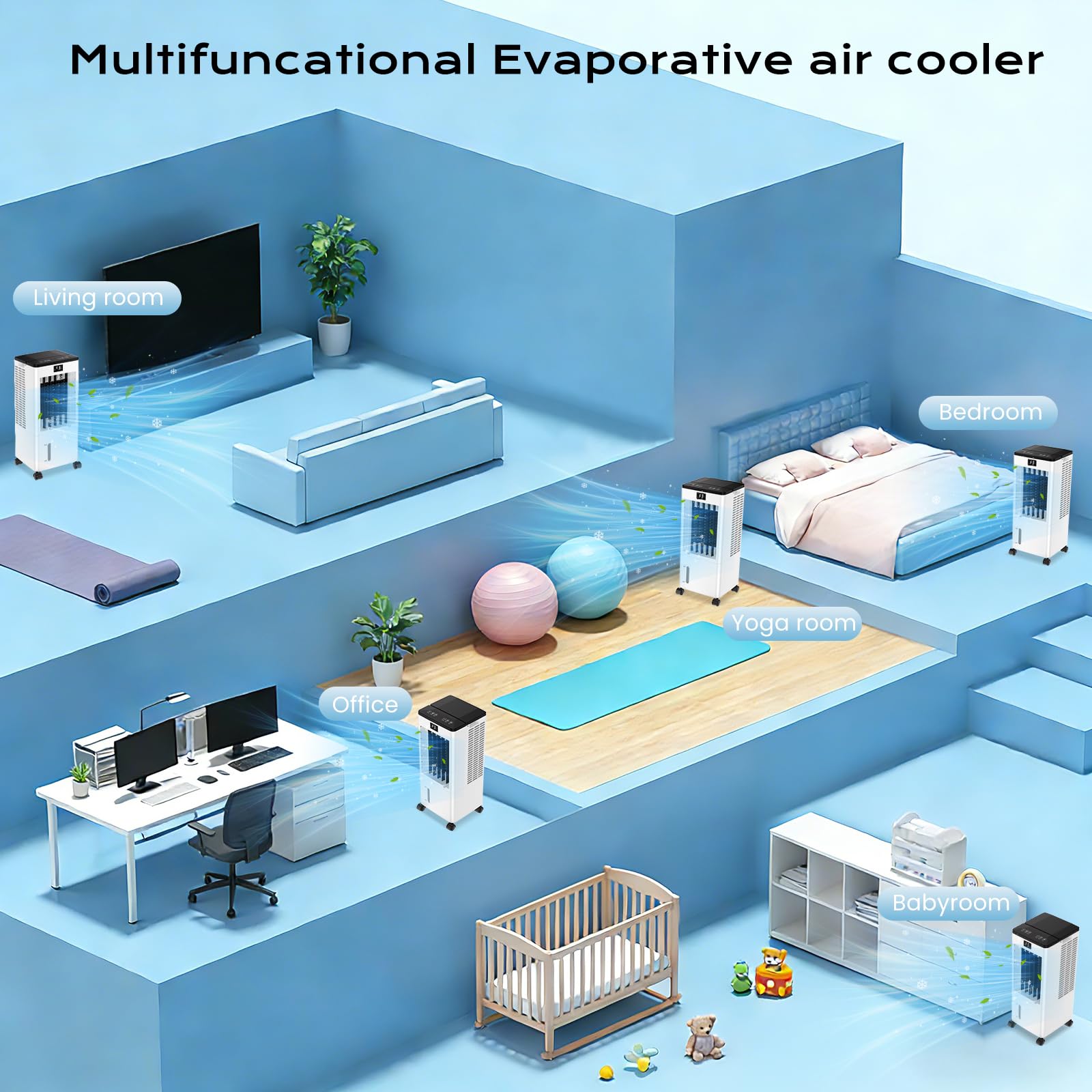 Climatiseur Mobile Silencieux Climatiseur Portable sans Évacuation Rafraîchisseur d'Air avec 2 Coussin d'eau, 12H Minuterie, 60W, 3 Vitesses, 3 Modes, Télécommande pour Chambre, Bureau, Maison