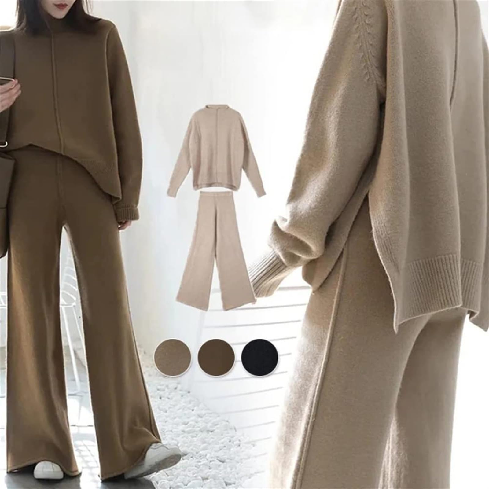 Komplet Odzieży Damskiej 2-częściowy, Elegancki Sweter Ze Stójką, Długi Rękaw + Spodnie, Komplet Oversize, Garnitur Z Dzianiny, Luźny, Ciepły Na Zimę, Na Co Dzień
