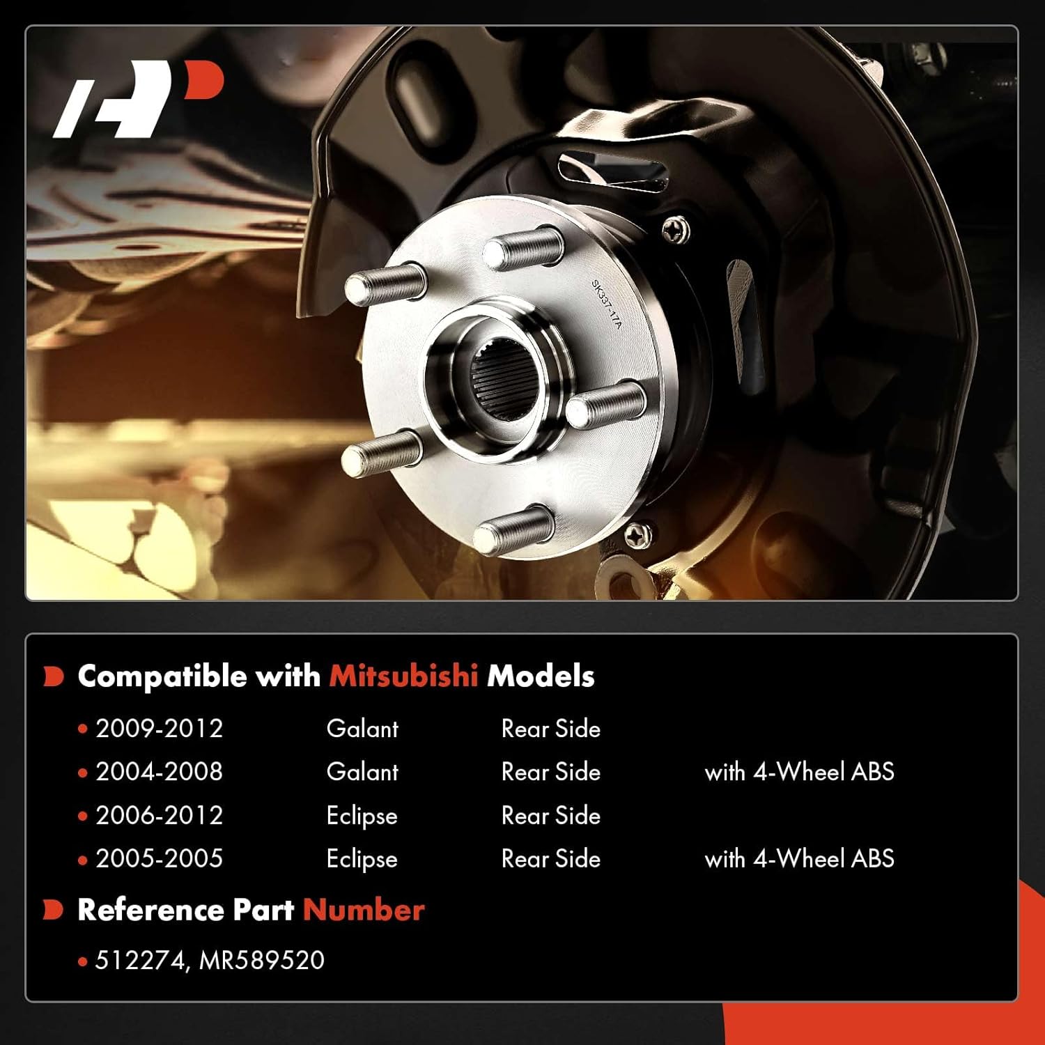 A-Premium Rear Wheel Bearing and Hub Assembly with ABS Ring & 5-Lug Compatible with Mitsubishi Eclipse 2005-2012, Galant 2004-2012, with 4-Wheel ABS