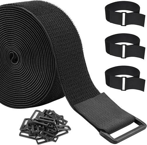 5cm x 5m Heavy Duty Cinch Straps with 20 Buckles, Cut-to-Length Hook and Loop Strips, Adjustable Long Cable Ties for Home and Office Storage, Black