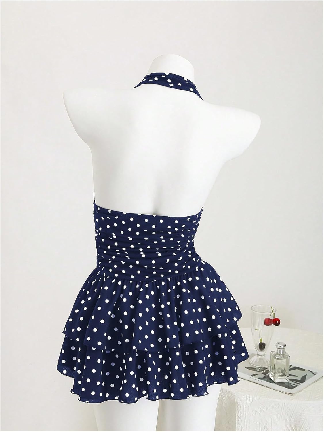 OYOANGLE Women's Polka Dots A Line Mini Halter Top Dress Backless Ruched Layered Ruffle Dresses - Image 3