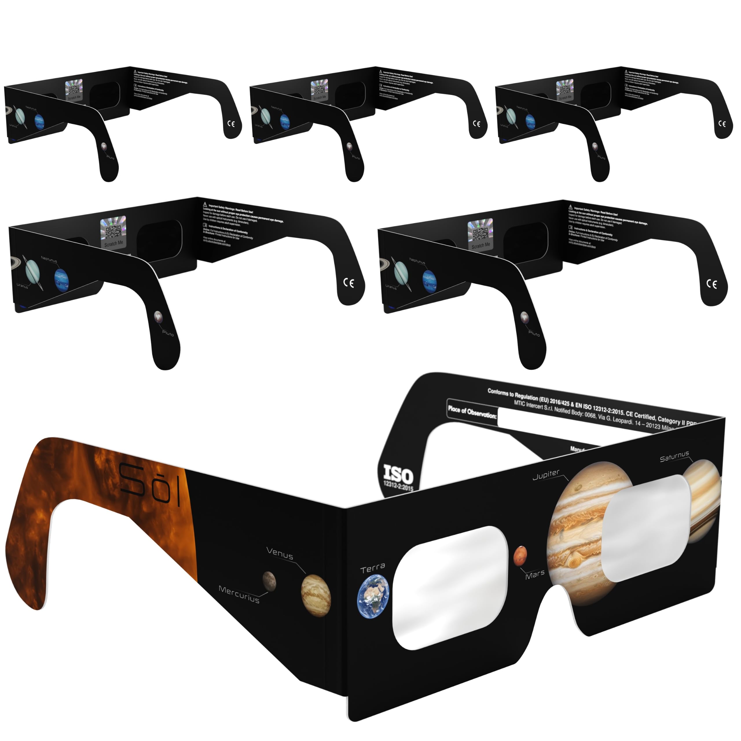 Absolute Eclipse Sonnenfinsternis Brille 2026 zum Sehen der Sonnenfinsternis - ISO 12312-2 CE Zertifiziert - 6er Pack Familie - Design Planets - Erwachsene Kinder - EU Hersteller Anerkannt AAS