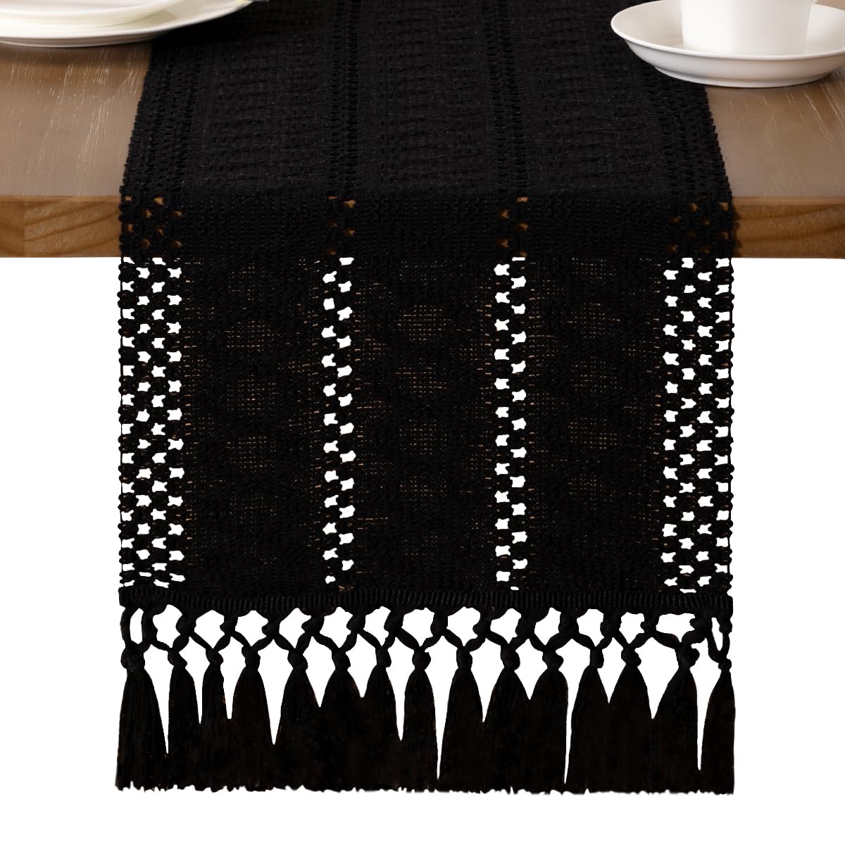 MLMW Boho Table Runner Black Table Runner 36 inches Short Coffee Table Runner with Tassels Small Dresser Rrunners for Bedroom Living Room Home Decor