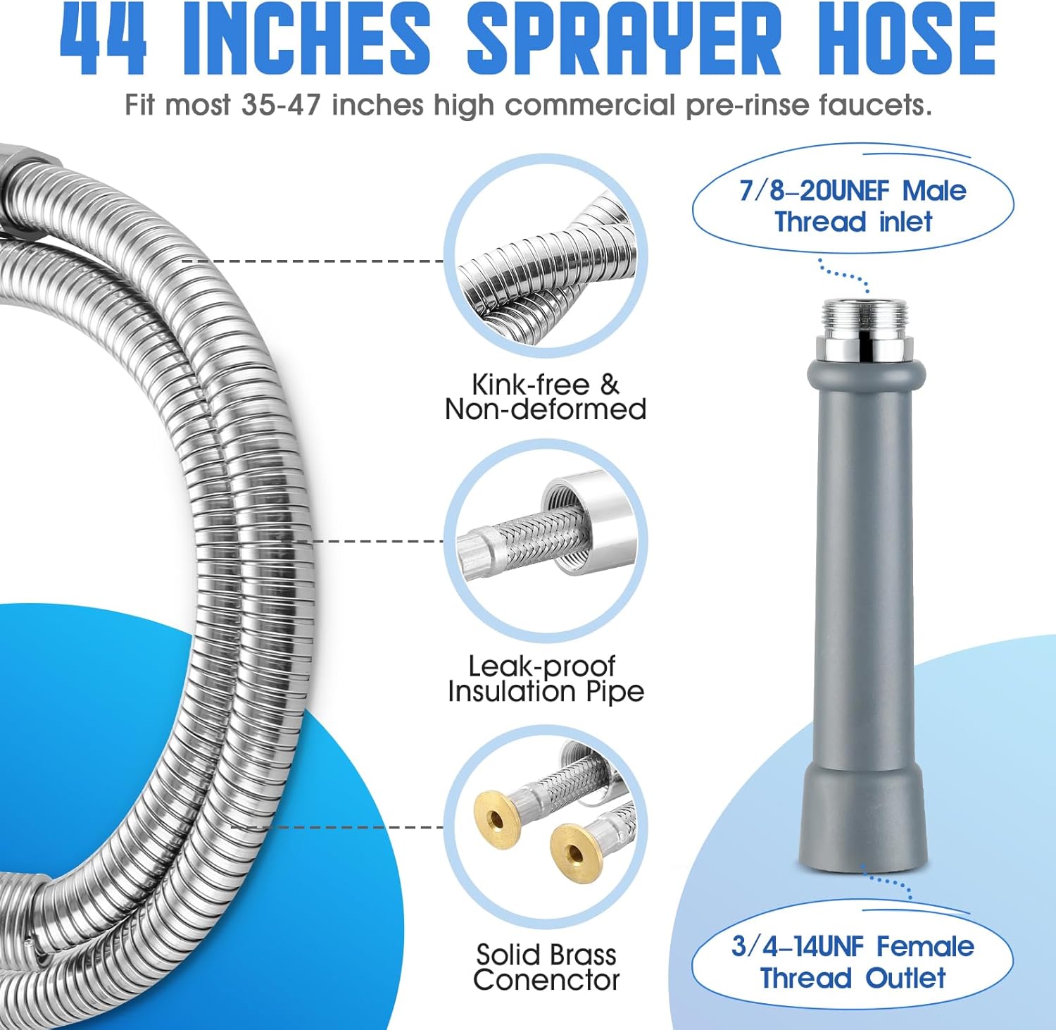 Replacement B-0044-H Pre-Rinse Hose for T&S Brass, 44 Inches Flexible Stainless Steel commercial sink sprayer Hose with Heat Resistant Gray Handle