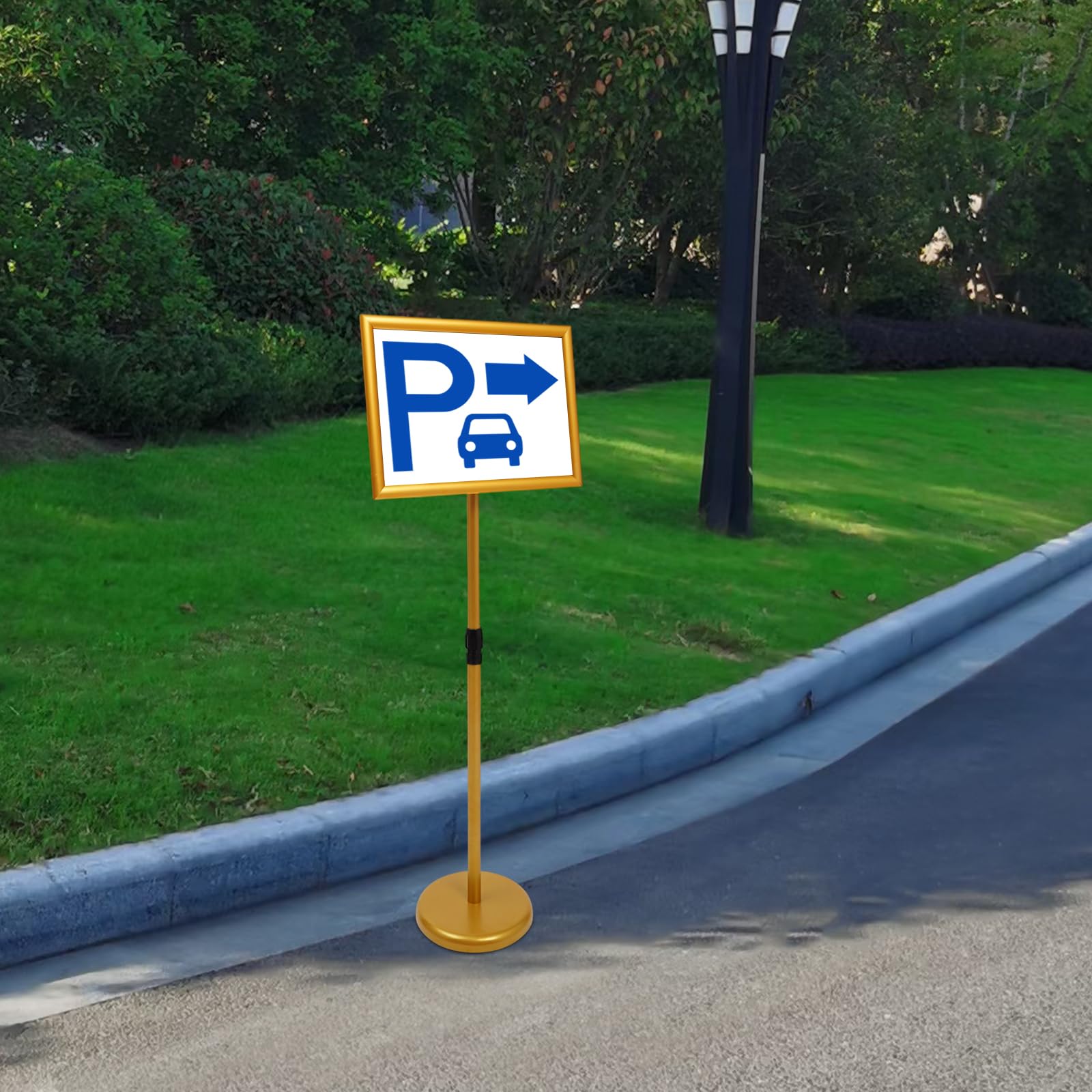 Infoständer A3, Gold - Soporte para carteles con base estable, altura regulable, soporte para información, expositores, soporte publicitario, soporte para póster