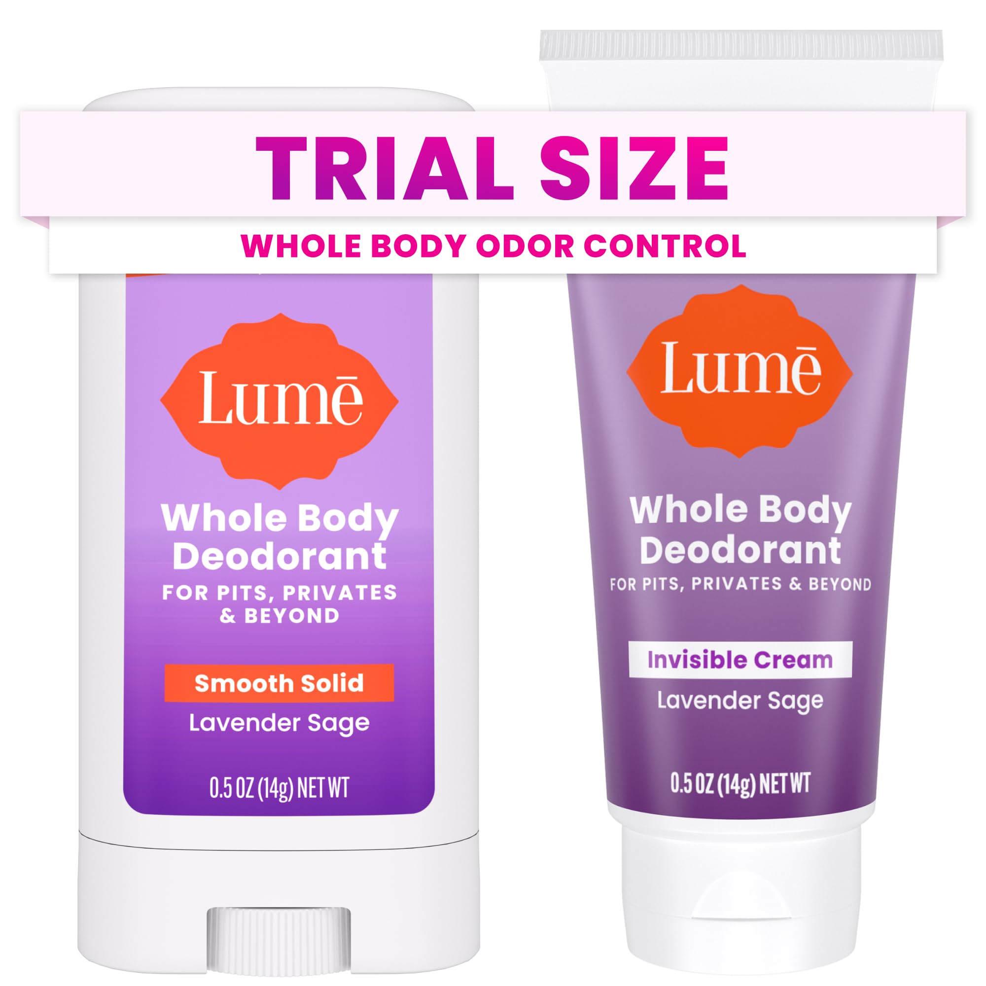Lume Whole Body Deodorant - Invisible Cream + Solid Stick Mini Bundle - 72 Hour Odor Control - Aluminum & Baking Soda Free, Skin Loving - 0.5 Ounce