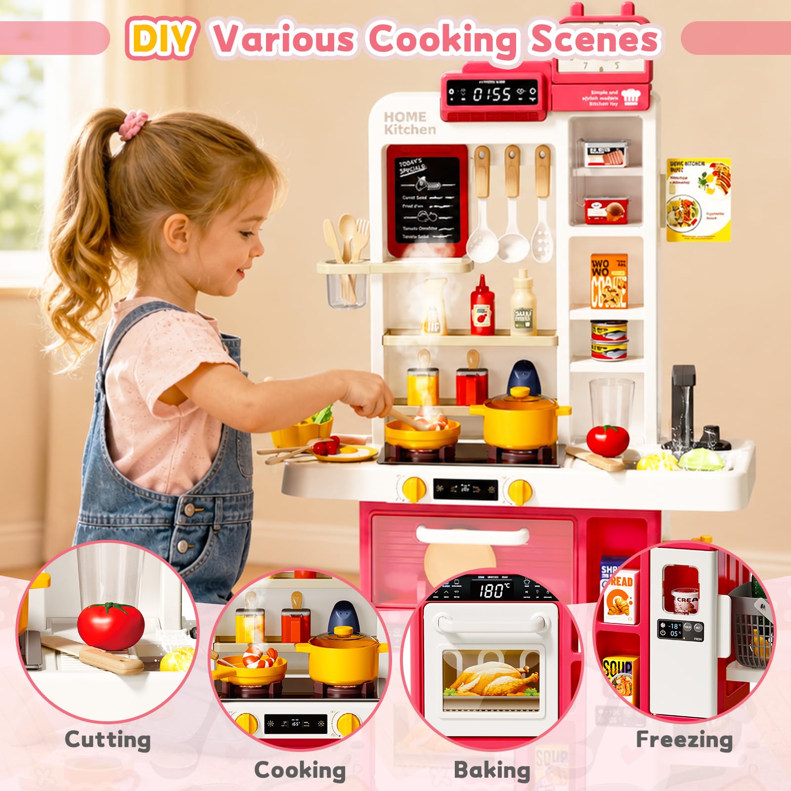 deAO Cucina Giocattolo per Bambini, 69 Pezzi con Luci, Suoni Cottura, Effetto Fiamma, Funzione Acqua con Vaporizzatore e Rubinetto, Fornello e Forno – Regalo 3+ anni(rosso)