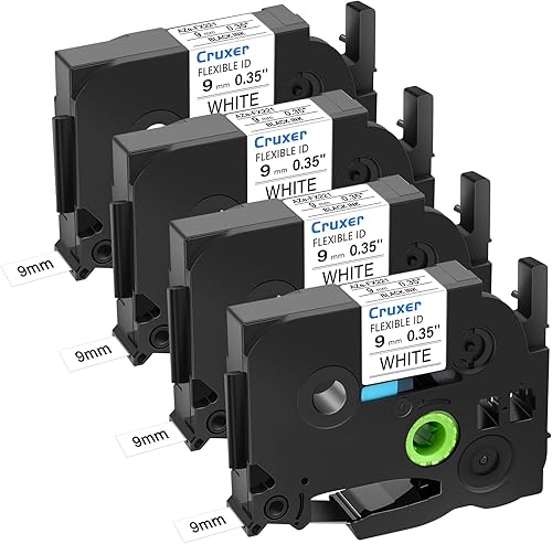 Paquete de 4 cintas de casete de cable de identificación flexibles compatibles con Brother TZe-FX221, color negro sobre blanco, 0.35 pulgadas de