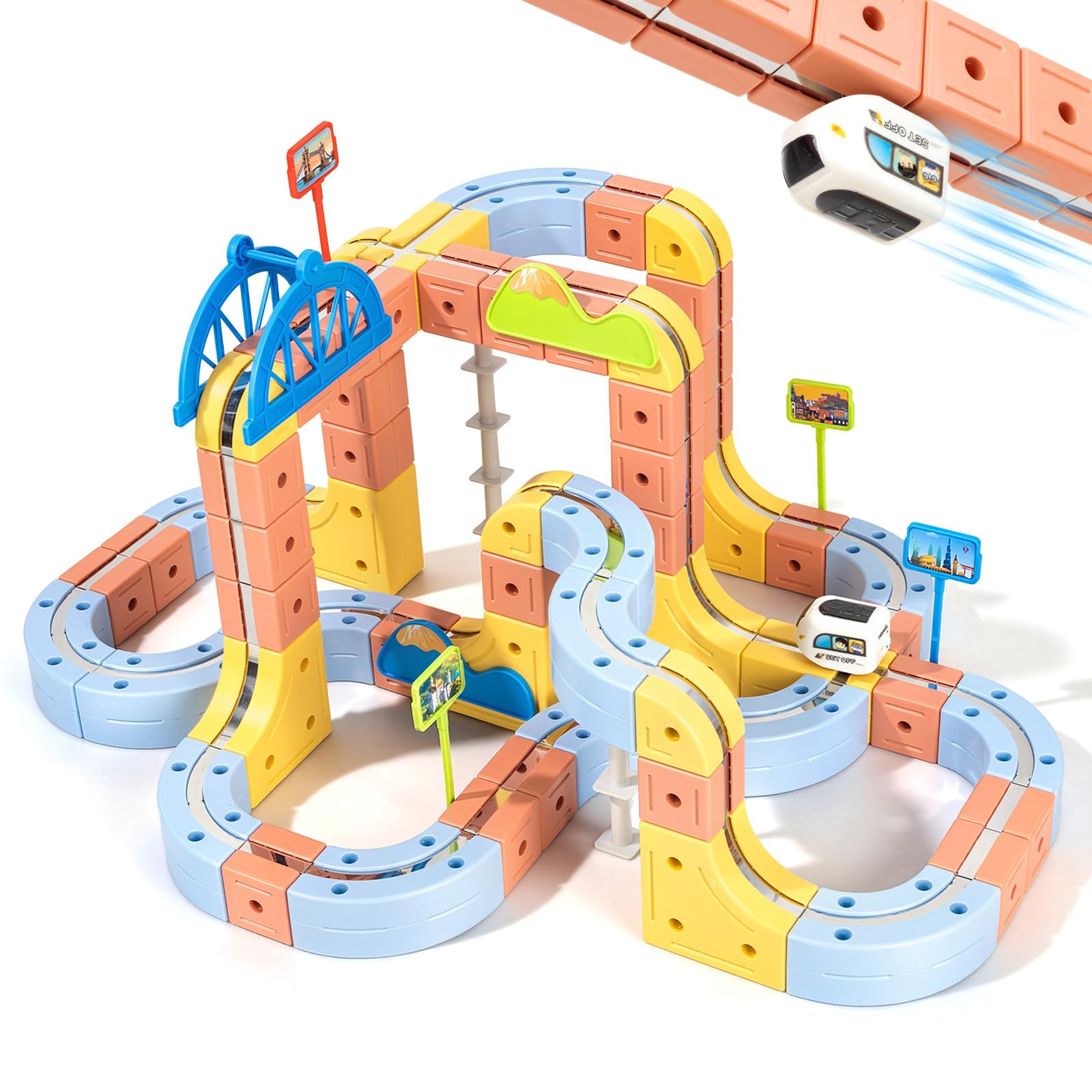 Funsland Electric Train Set for Kids - 149 PCS Race Cube Track with Anti-Gravity, 3D Magnetic Fusion Train, STEM Building Toys Gift Age 3 + Year Olds Boys Girls