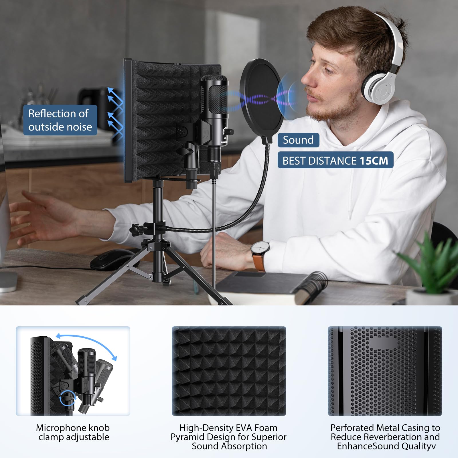 Studio Recording Microphone Isolation Shield with Pop Filter and Metal Tripod Stand USB Condenser Mic to PC Laptop Smartphone, Mic for Recording Singing Podcasting