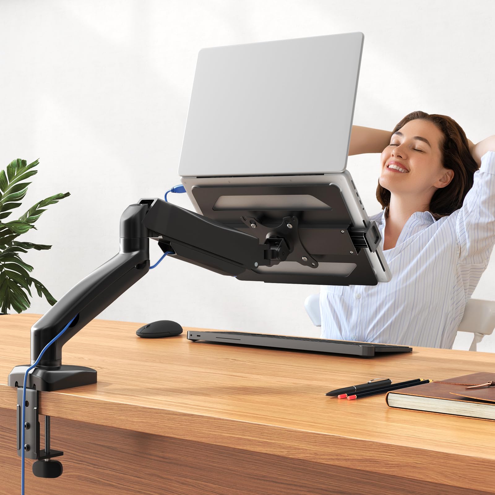 Supporto da scrivania per laptop 2 in 1, per notebook da 11,6-17,3'' e monitor da 17-32'', supporto a braccio per laptop fino a 9 KG, VESA 75/100 mm, morsetto da tavolo e attacco a occhiello
