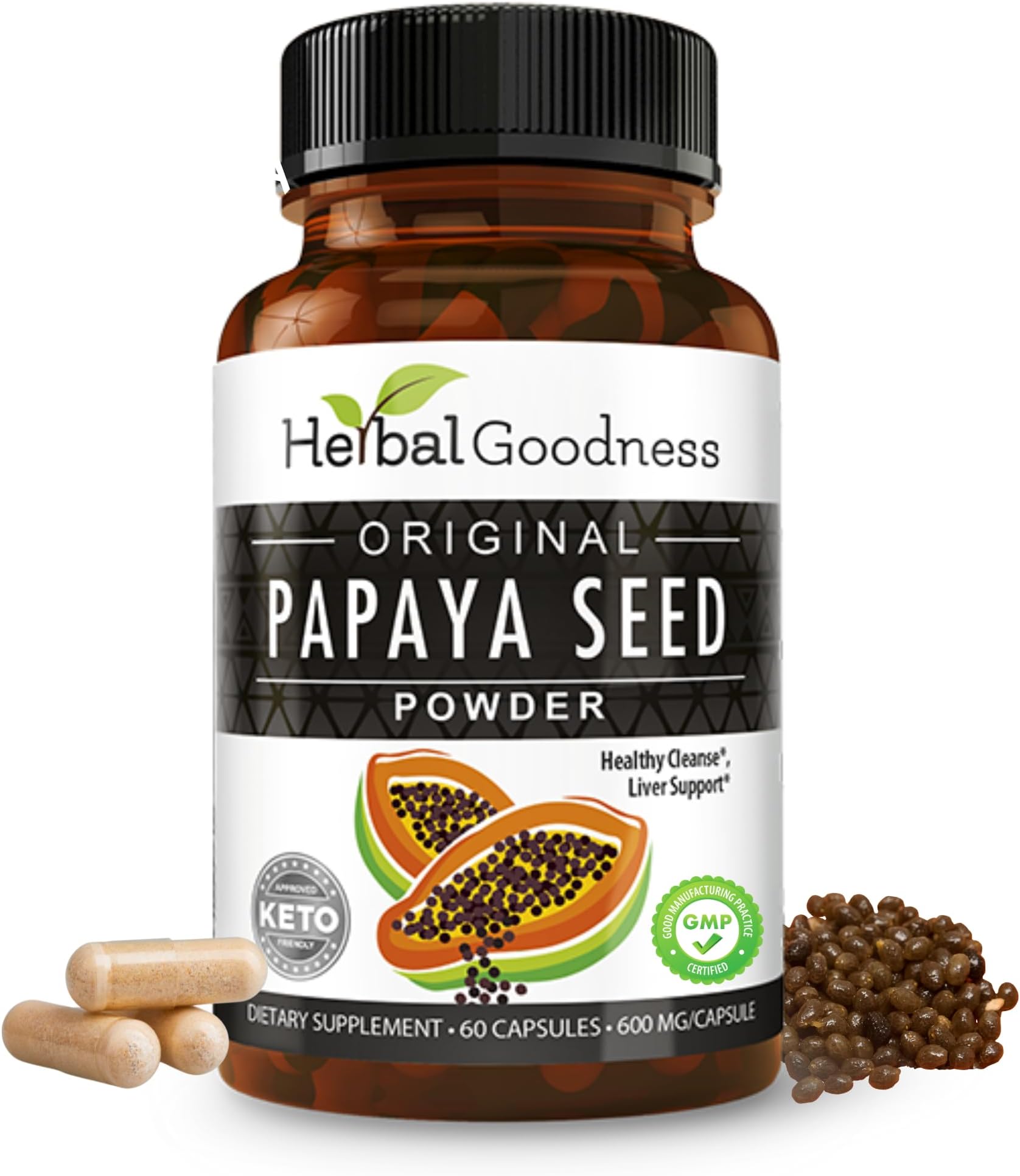 Herbal Goodness Papaya Seeds Powder Capsules - 600mg x 60 Pills, Organic Papaya Digestive Enzymes (Papain) | Supports Gut Health, Digestion & Colon Cleanse Broom, 100% Natural, Gluten Free, Non-GMO