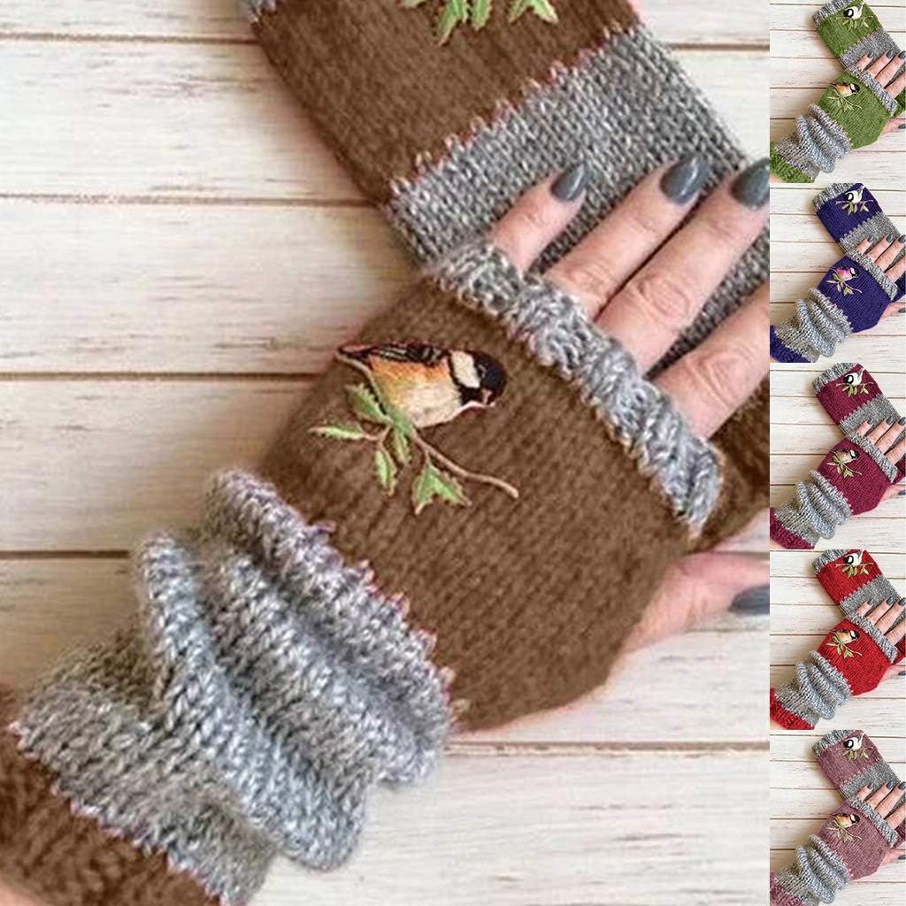 Wrist Warmers, Women Winter Knitted Fingerless Gloves Bird Embroidered Color Block Splice Half