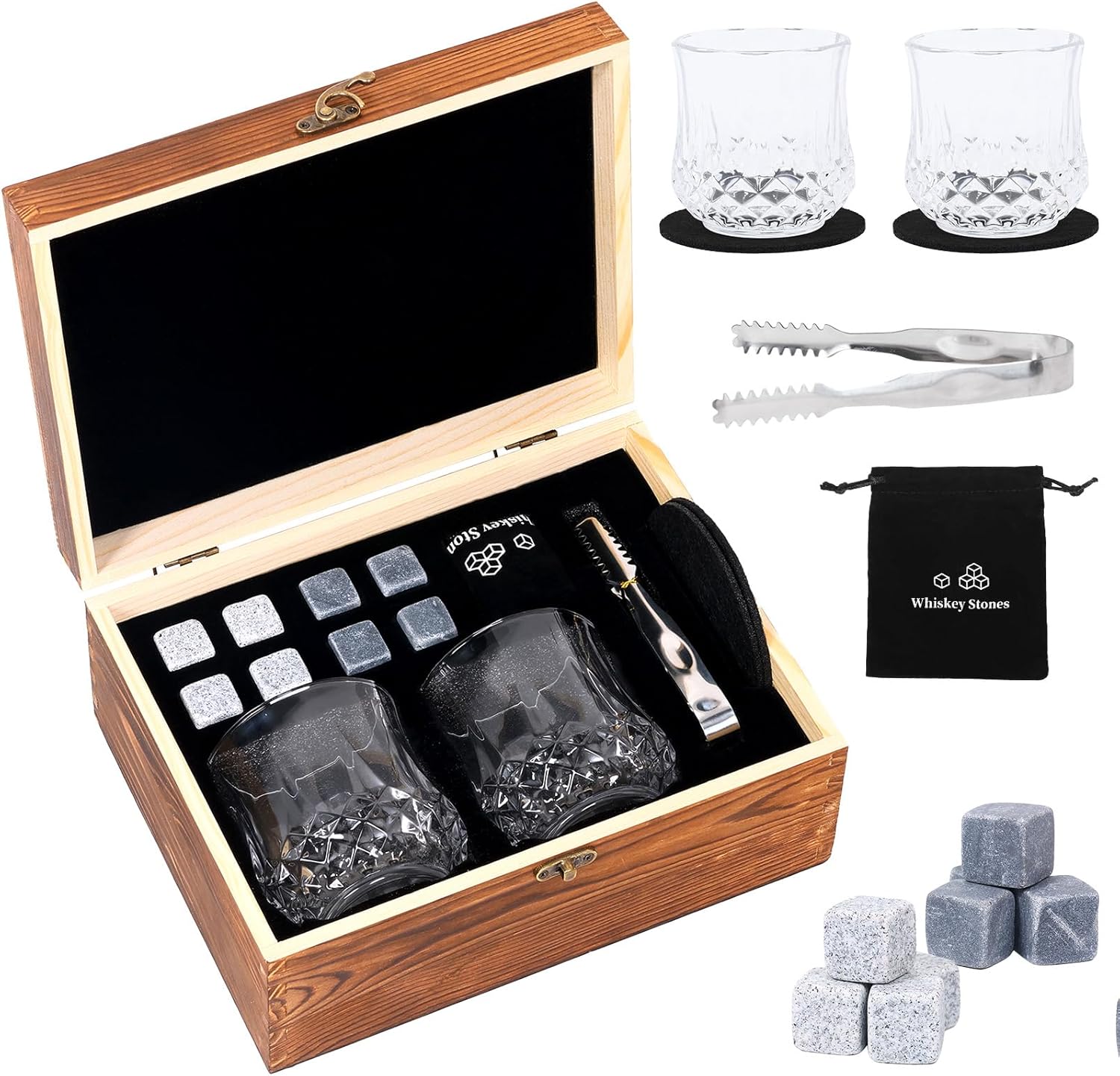 Whiskey Glass Rum Tumblers Presents Complete Whisky Set with 2 Glass 8 Chilling Stones Cup Mats for Men Dad Husband Boyfriend