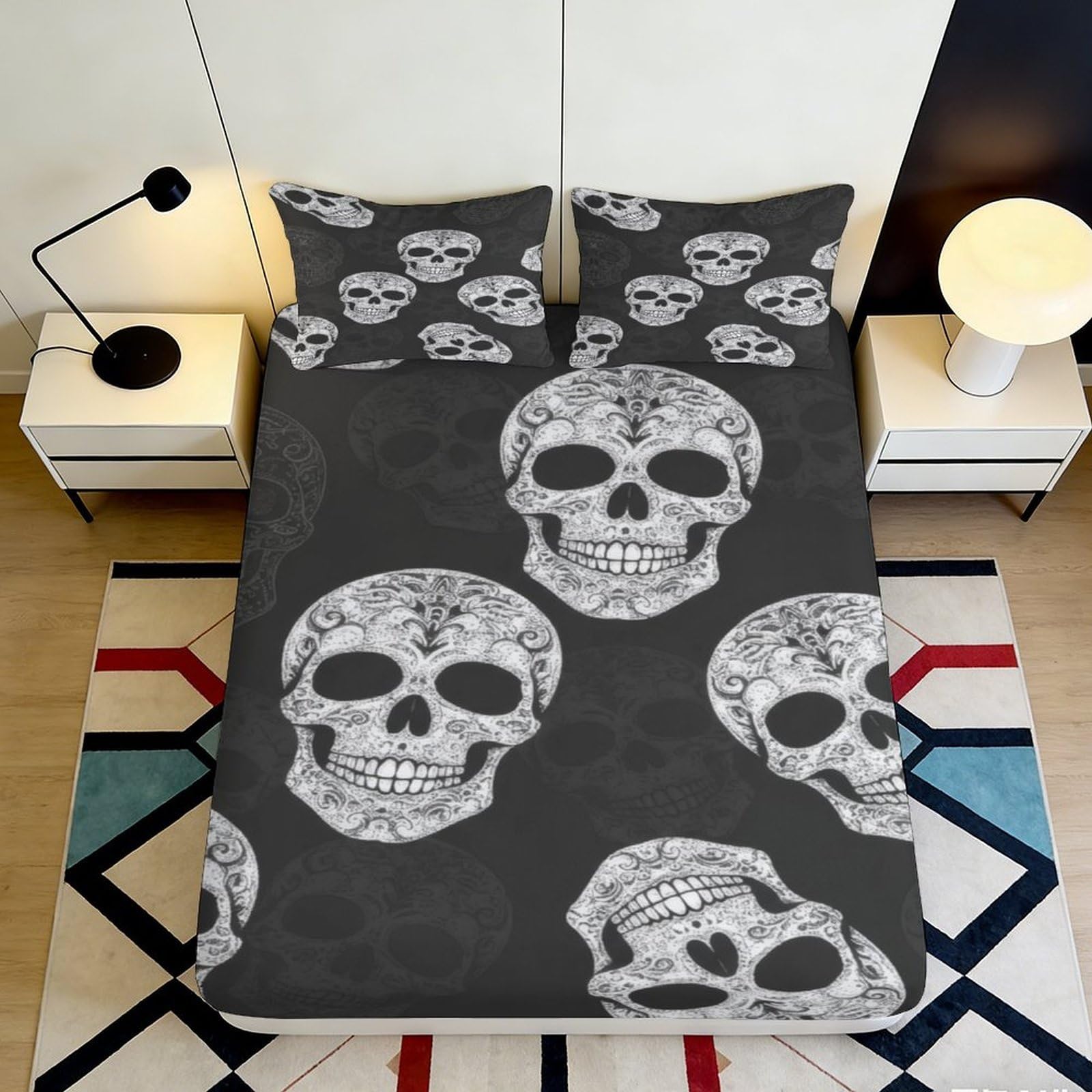 3D Printed Sugar Skull Fitted Sheet Microfiber Black Gothic Skeleton Mattress Cover for Bedroom Guest Room Dorm Decor 90x200x25cm