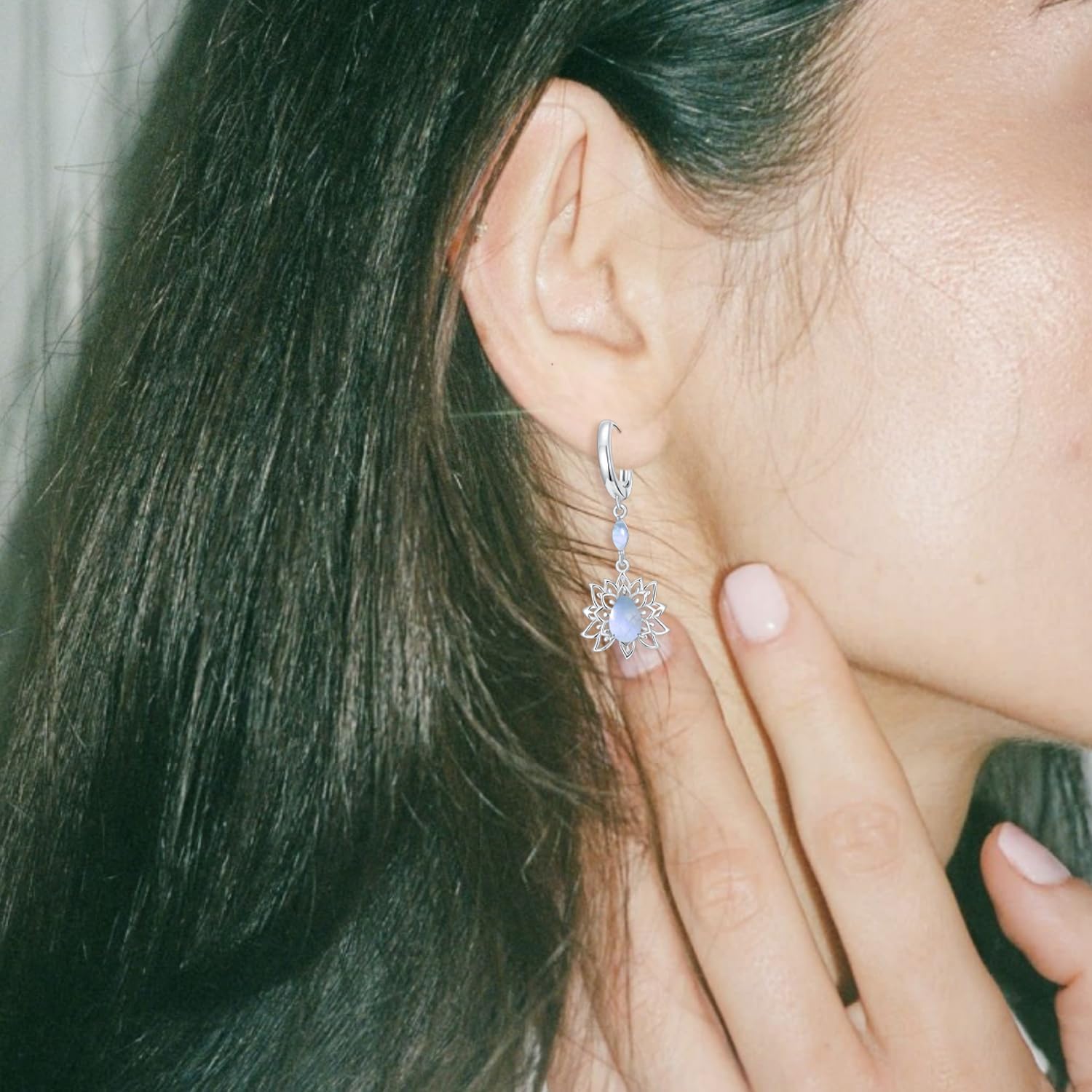 Genuine Moonstone Lotus Earrings for Women, Sterling Silver Teardrop Dangling Earrings Vintage Healing Gemstone Jewelry - Image 2