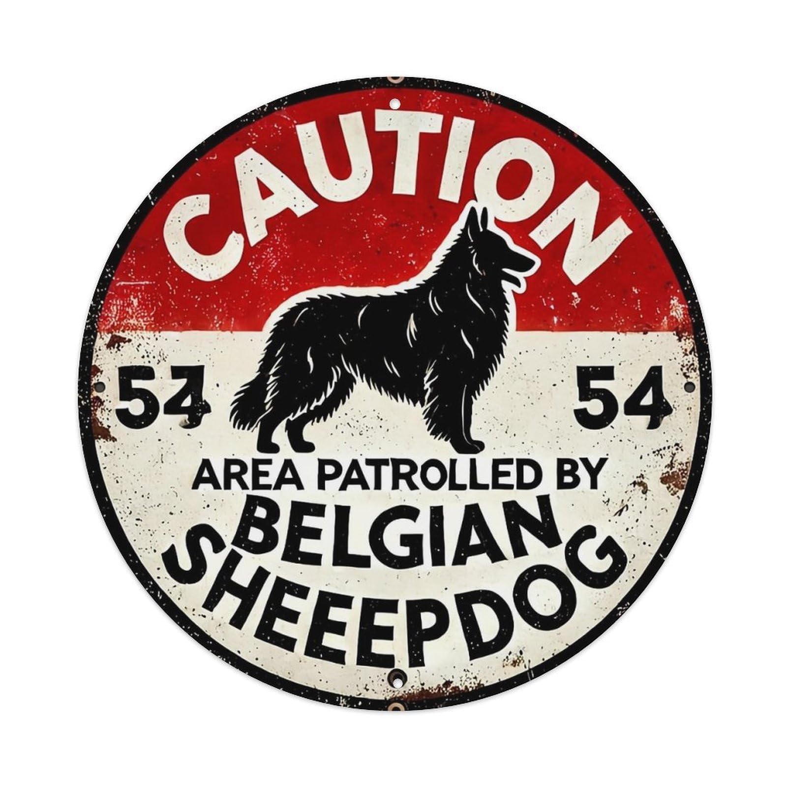 Caution Area Patrolled By Belgian Sheepdog Vintage Round Tin Sign Retro Metal Wall Decor Metal Poster, Home Bar Garage Cafe Wall Art Decoration 8x8Inches