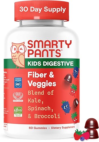SmartyPants Kids Fiber & Veggies Gomitas de fibra prebiótica para niños, suplemento de fibra con inulina, mezcla orgánica de verduras verdes,