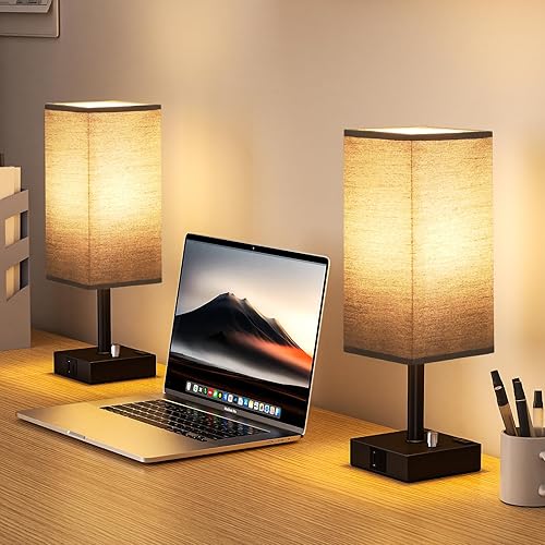 Miniatura 6 de Juego de 2 lámparas de mesita de noche totalmente regulables, color negro, con puertos de carga USB C+A y 2 salidas de CA, juegos de lámparas