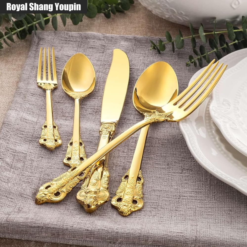 Set di posate in acciaio inox goffrato, 20 pezzi, eleganti posate per bistecca, forchette, cucchiai e dessert, resistenti, lavabili in lavastoviglie, per cucina e sala da pranzo