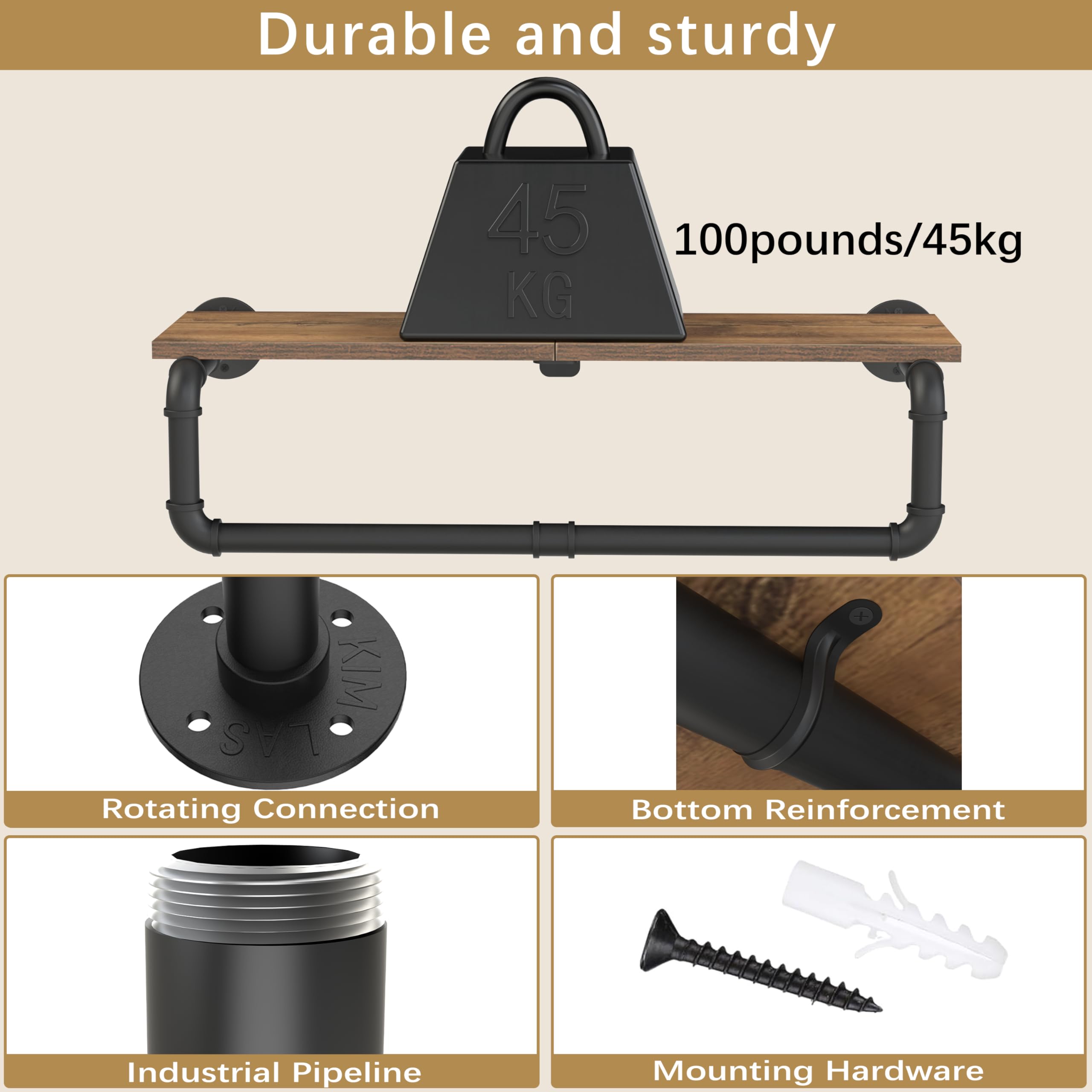 Perchero industrial de tubería con estante superior, postes de armario para colgar ropa, percheros de hierro resistente para montaje en pared, 27.6 x 10.2 x 5.9 pulgadas, negro 5