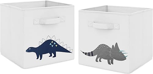 Sweet Jojo Designs Juego de 2 cubos de almacenamiento de tela plegables de dinosaurio moderno azul marino y gris, cajas organizadoras de juguetes