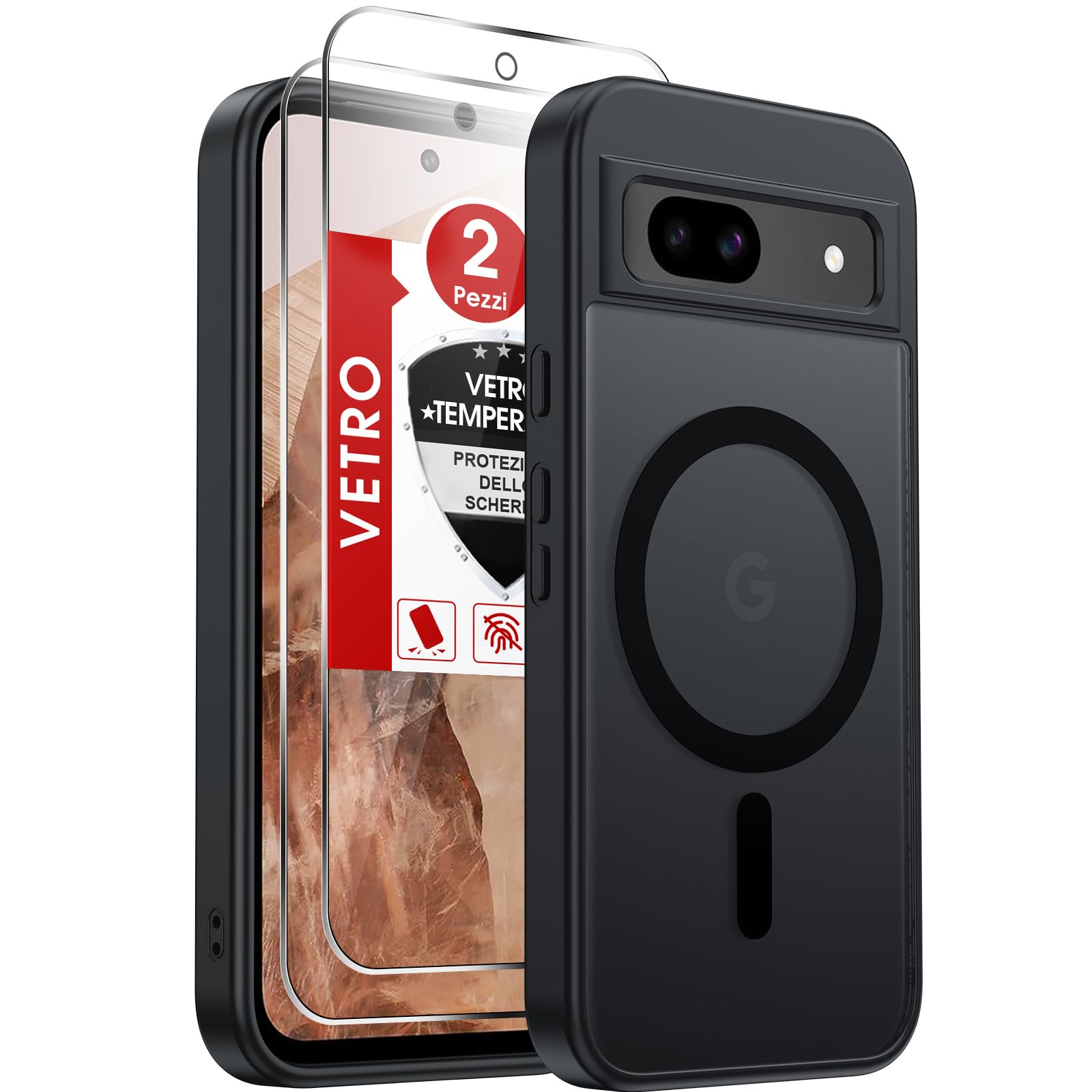 LeYi Cover Magnetica per Google Pixel 8A con 2 Pezzi Vetro Temperato(Nero) | Custodia per Pixel 8A Traslucida Opaca Anti-Impronte Resistente ai Graffi Paraurti in TPU Antiurto Protettiva Case
