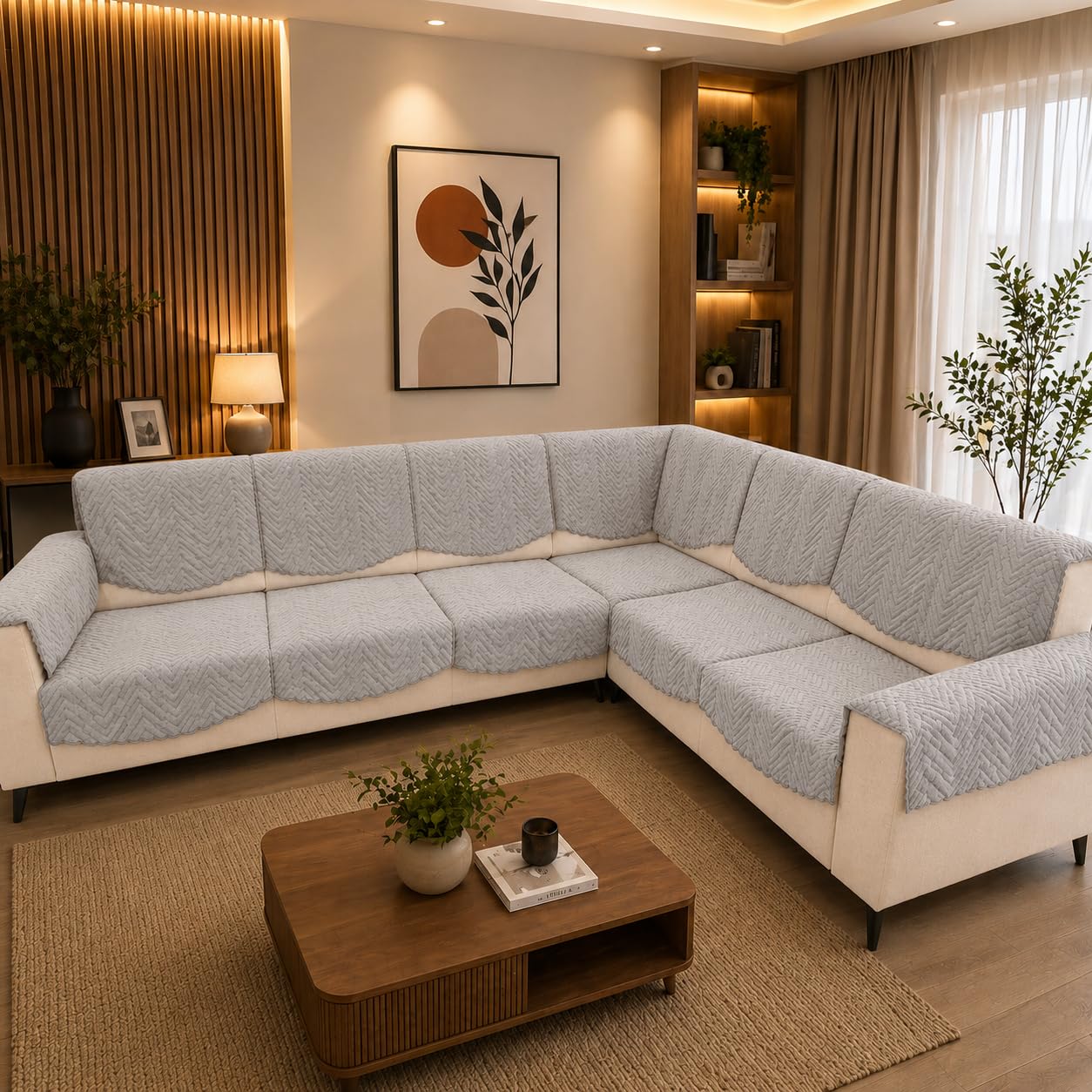 7 Seater L-Shape Sofa Cover, Quilted Texture, Silver Sectional Couch Protector for Living Room-Pack of 14-image-14