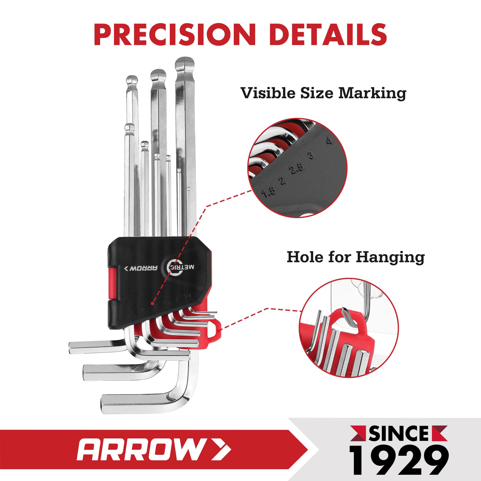 Arrow Inbusschlüssel-Set mit Kugelende, SAE und metrischem Sechskantschlüssel-Set, Cr-V-Stahl mit abgeschrägten Kanten, lasergeätzte Größe, 2er-Pack Inbusschlüssel-Set für Fahrrad-, Möbel- und