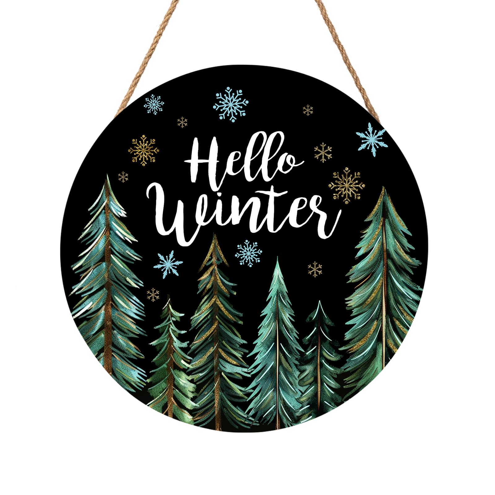 Hello Winter Welcome Sign for Front Door Winter Wreaths Winter Pine Trees Wood Door Hanger for Outdoor Outside Porch Christmas Snowflakes Round Hanging Sign for Home Porch Wall Decoration 12in
