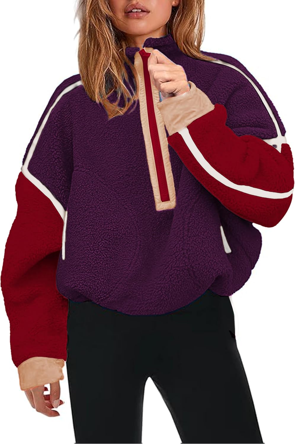 Women's Sherpa Fleece Pullover Half Zip Oversized Sweatshirt with Pockets Soft Warm Fuzzy Jacket for Fall Winter