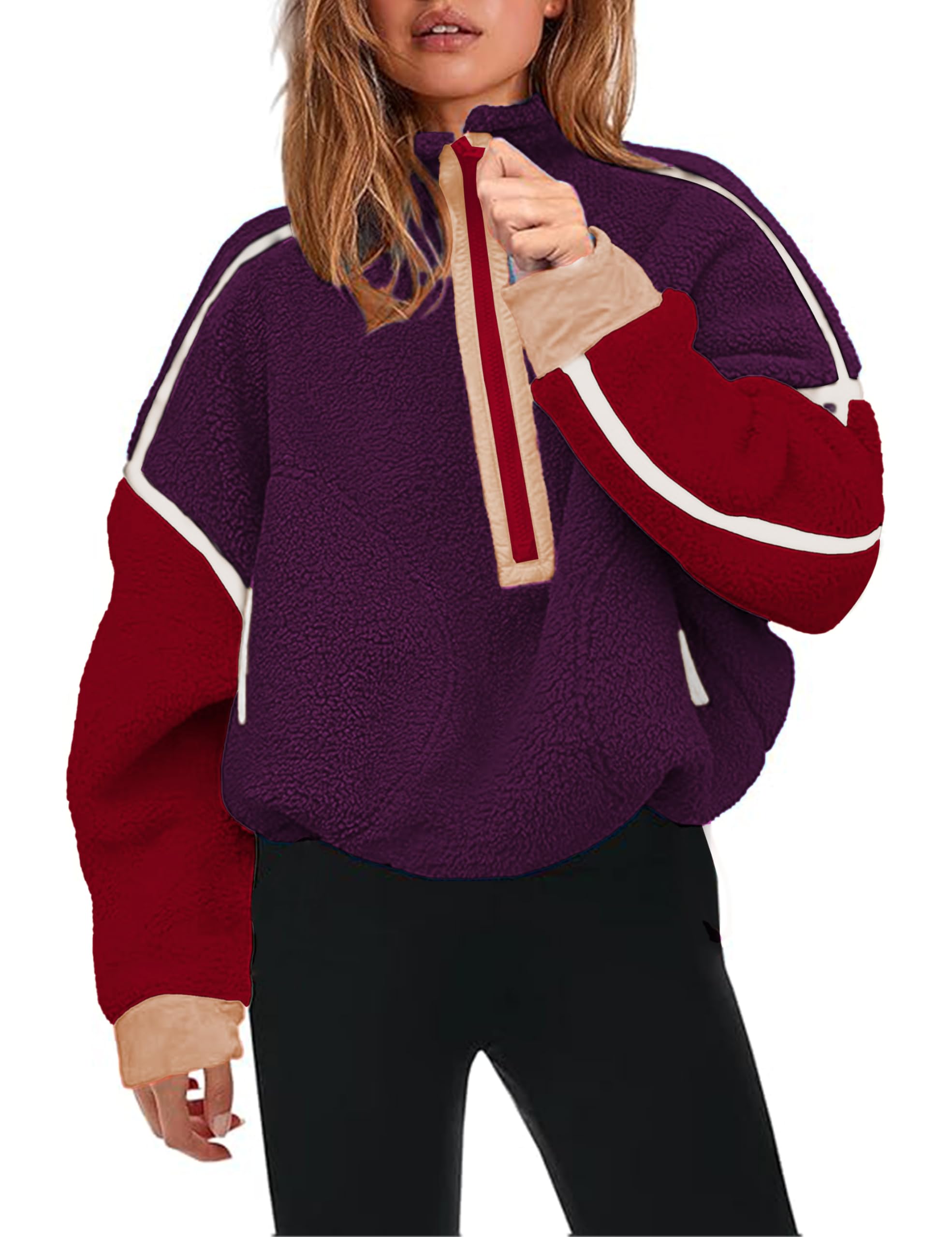 Women's Sherpa Fleece Pullover Half Zip Oversized Sweatshirt with Pockets Soft Warm Fuzzy Jacket for Fall Winter-image-15