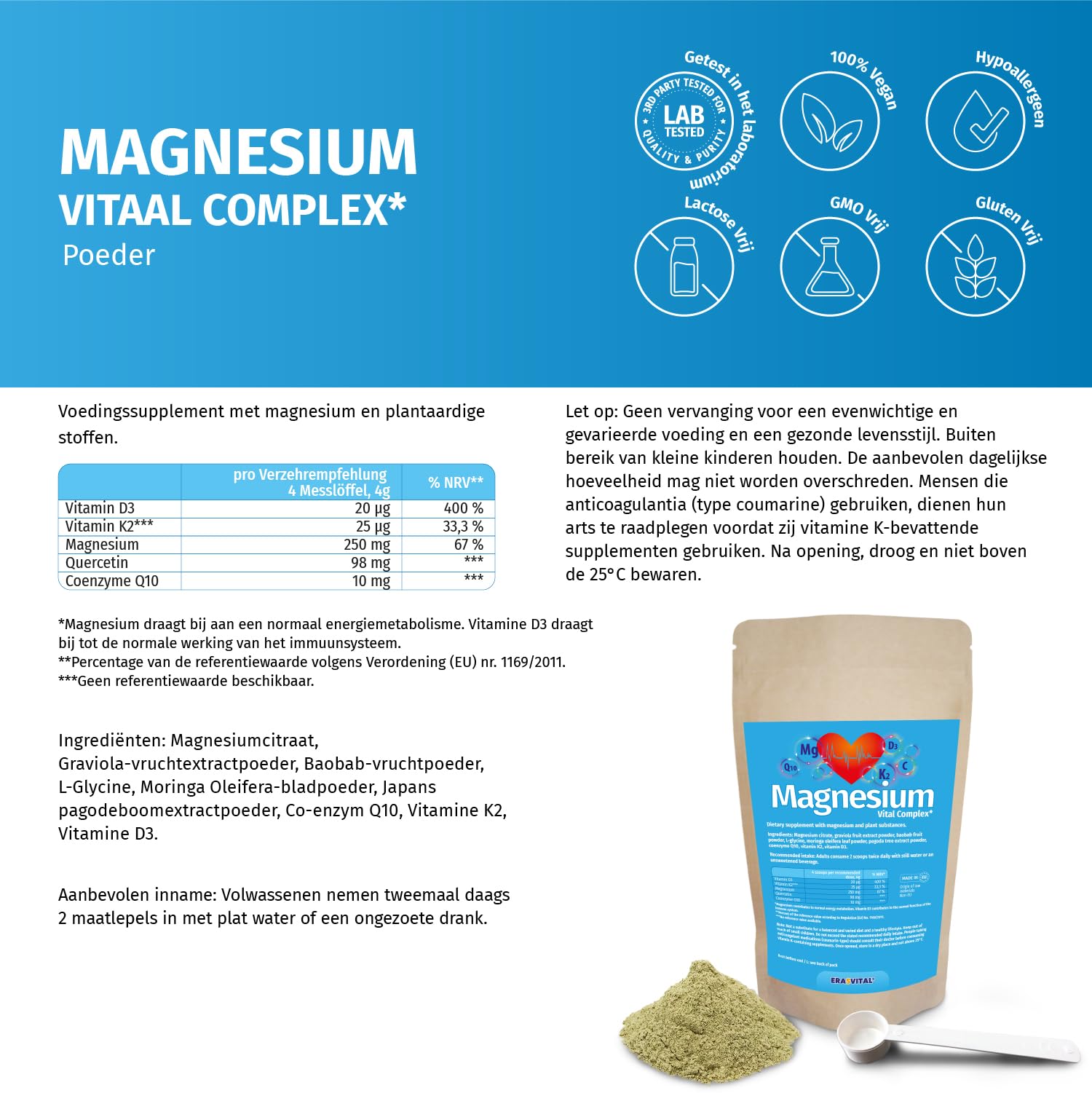 Magnesium Vitalkomplex Pulver mit Magnesium-Citrat, Baobab Fruchtpulver, L-Glycin, Coenzym Q10, Vitamin K2, Vitamin D3. Vegan (500 g (1 er Pack))