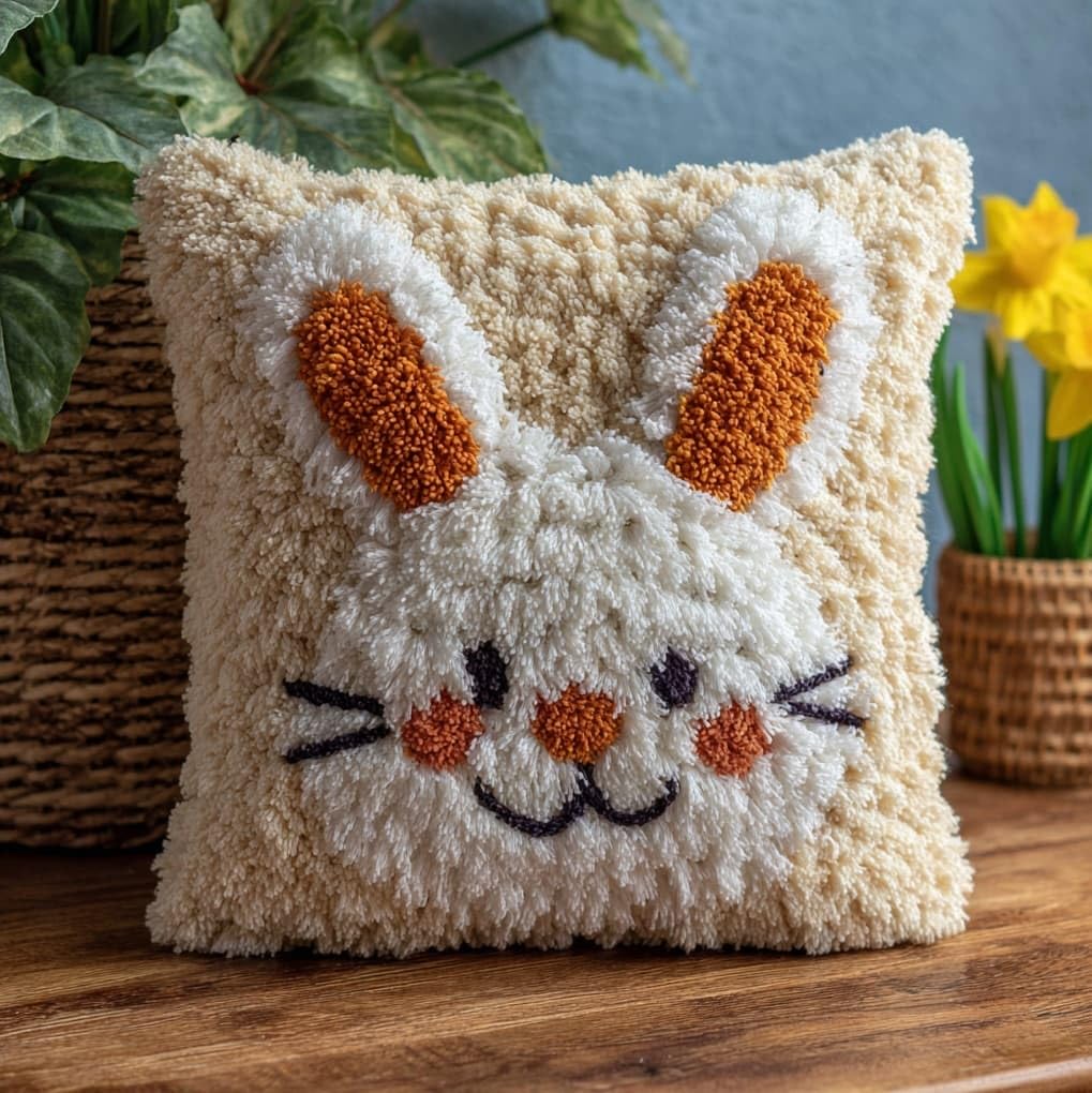 WallustrioaW Latch Hook Kits Pillow for Adults,Cute Cartoon Rabbit,Pre-Printed Patterns Pillowcase Needlework Crochet Yarns Latch Hooking Cushion for Sofa Decor,17x17in