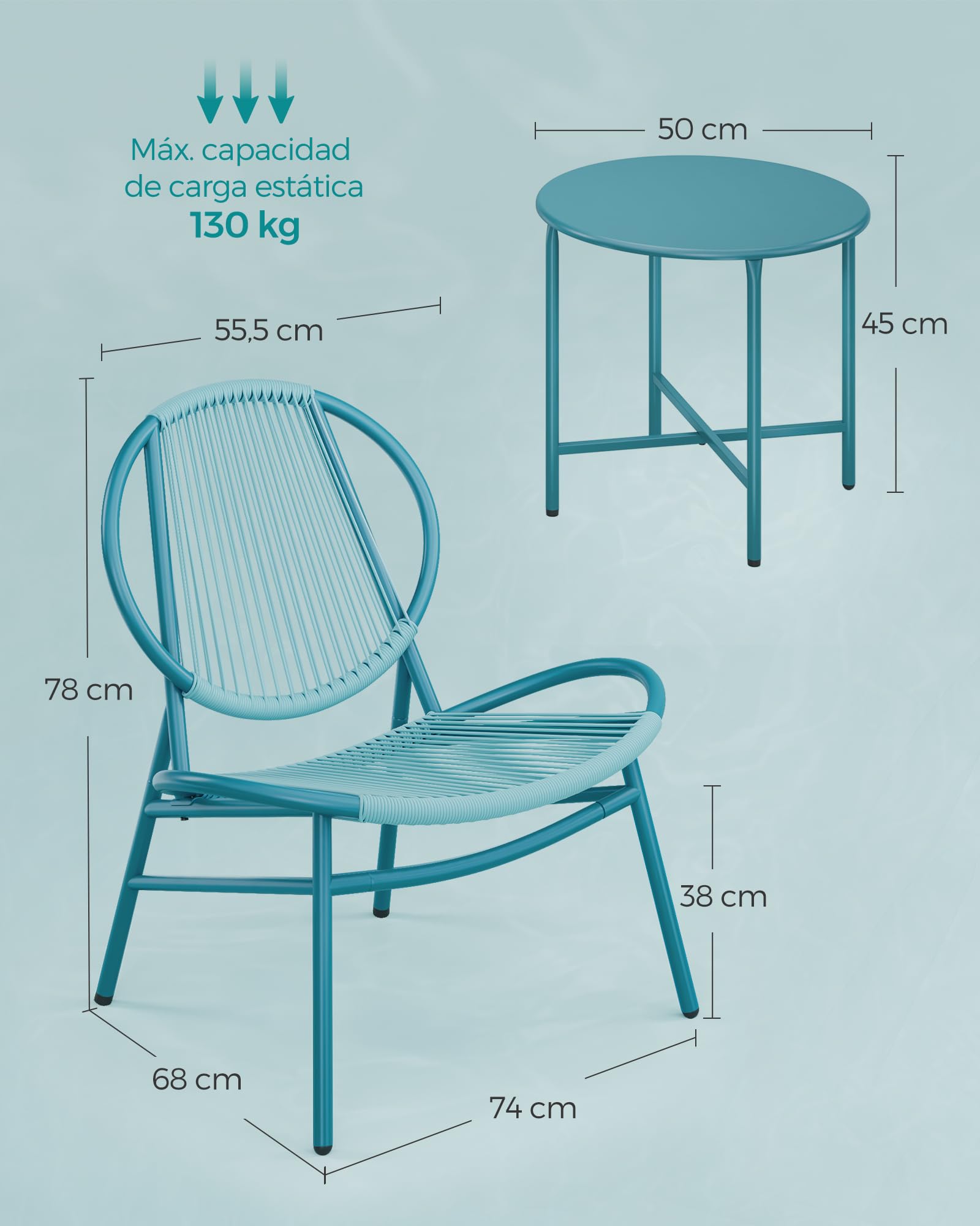 SONGMICS Conjunto Muebles de Jardín, 3 Piezas, Sillas Acapulco, Asientos de Exterior, Mesa Auxiliar y 2 Sillas, Conjunto para Interior y Exterior, Patio Balcón, Azul Lago GGF021L01