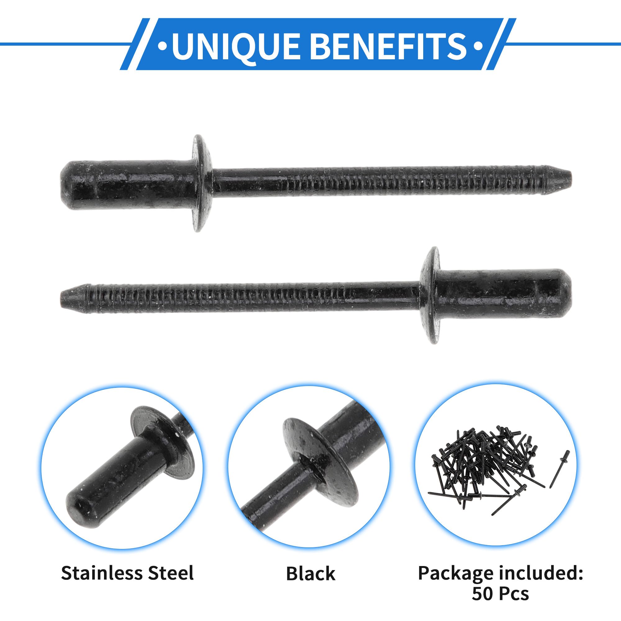 VekAuto 50 Pcs Dome Head Closed Sealing Rivets 4mm Grip Diameter 8mm Grip Length 8mm Flange Diameter Repairing Tool Assortment Kit Stainless Steel Black - Image 4