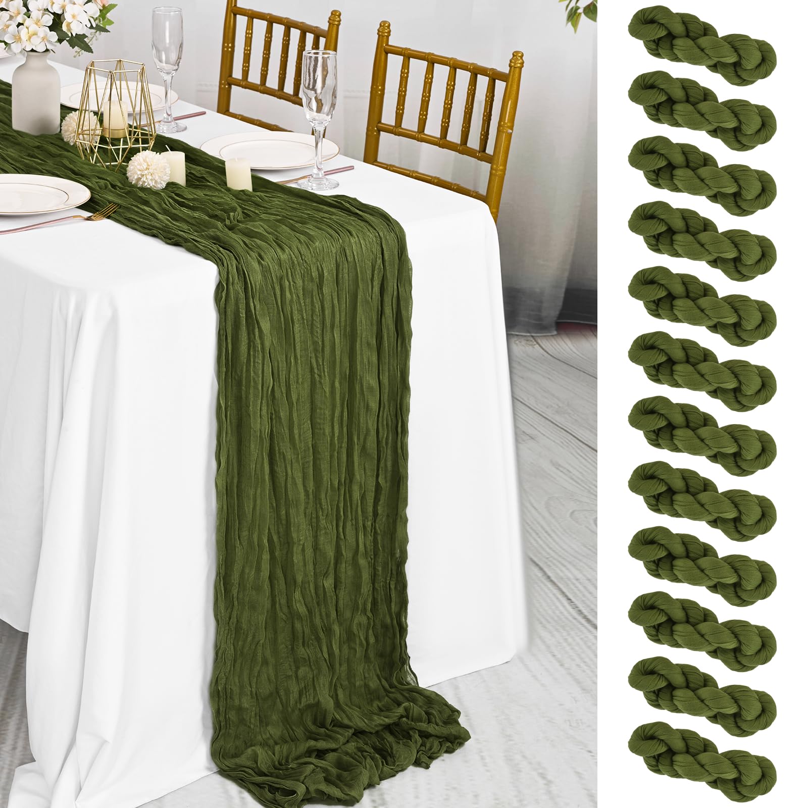 12 Pack Olive Green Cheesecloth Table Runner 45x275 cm Boho Gauze Cheese Cloth Table Runner for Wedding Party Baby Bridal Shower Birthday Decorations — image 1