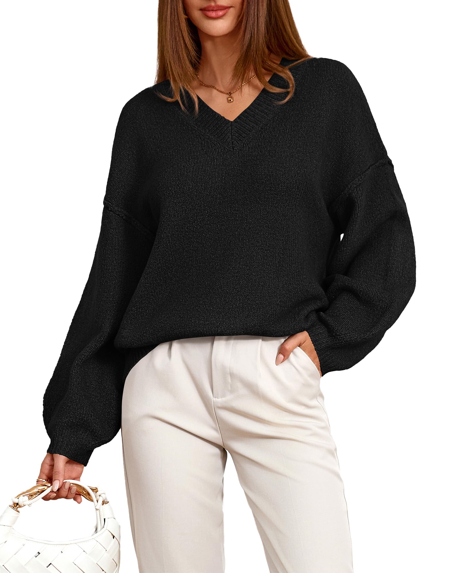 BTFBM Casual Long Sleeve Sweaters for Women Loose V Neck Ribbed Knit Pullover Tops Womens Fall Fashion 2025