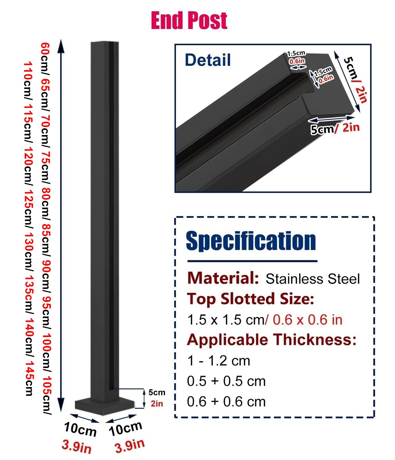 Poste de barandilla de vidrio negro para barandilla de hormigón y madera al aire libre, barra cuadrada de seguridad para balcón, valla de balcón, 150 cm de alto