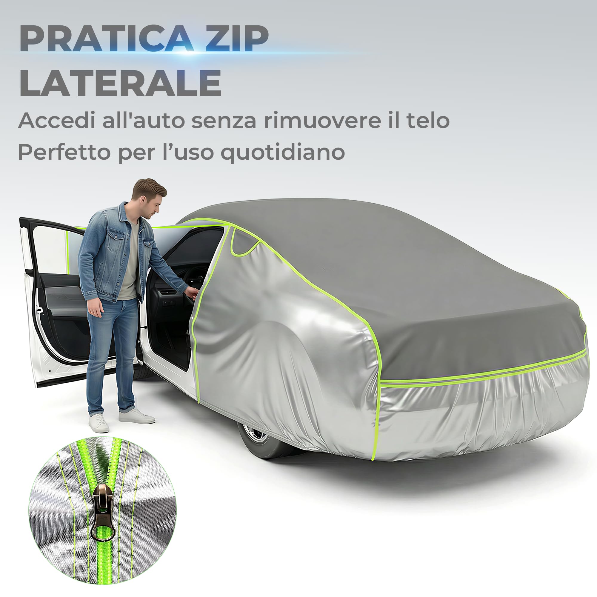 Telo Antigrandine per Auto Imbottito Spesso Impermeabile con Zip Laterale, Copriauto 3 Strati EVA Antiurto, Protezione UV Pioggia Neve Vento (AUTO L:483 * 178 * 120 cm)