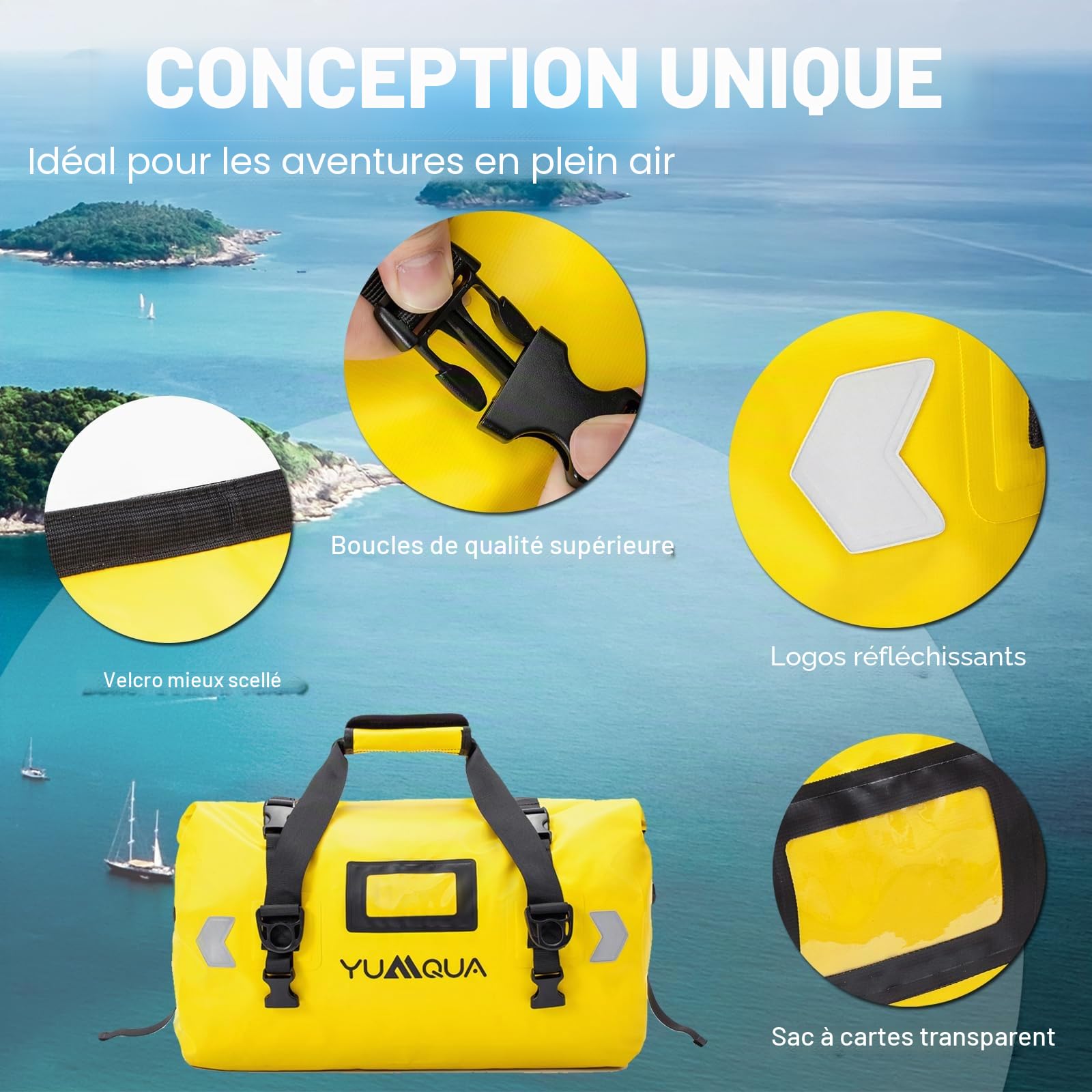 YUMQUA Sac de Sport et Voyage Étanche - Grand Sac à Dos 40L Pour Moto, Bateau, Camping - Jaune
