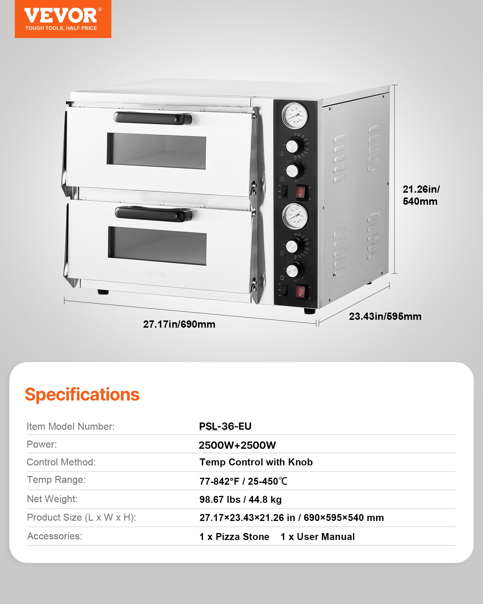 VEVOR 18 Inch Electric Pizza Oven Countertop Pizza Maker Indoor Pizza Machine 2 Levels with Independent Upper and Lower Temperature Control, Max Temperature 450℃ for Kitchen