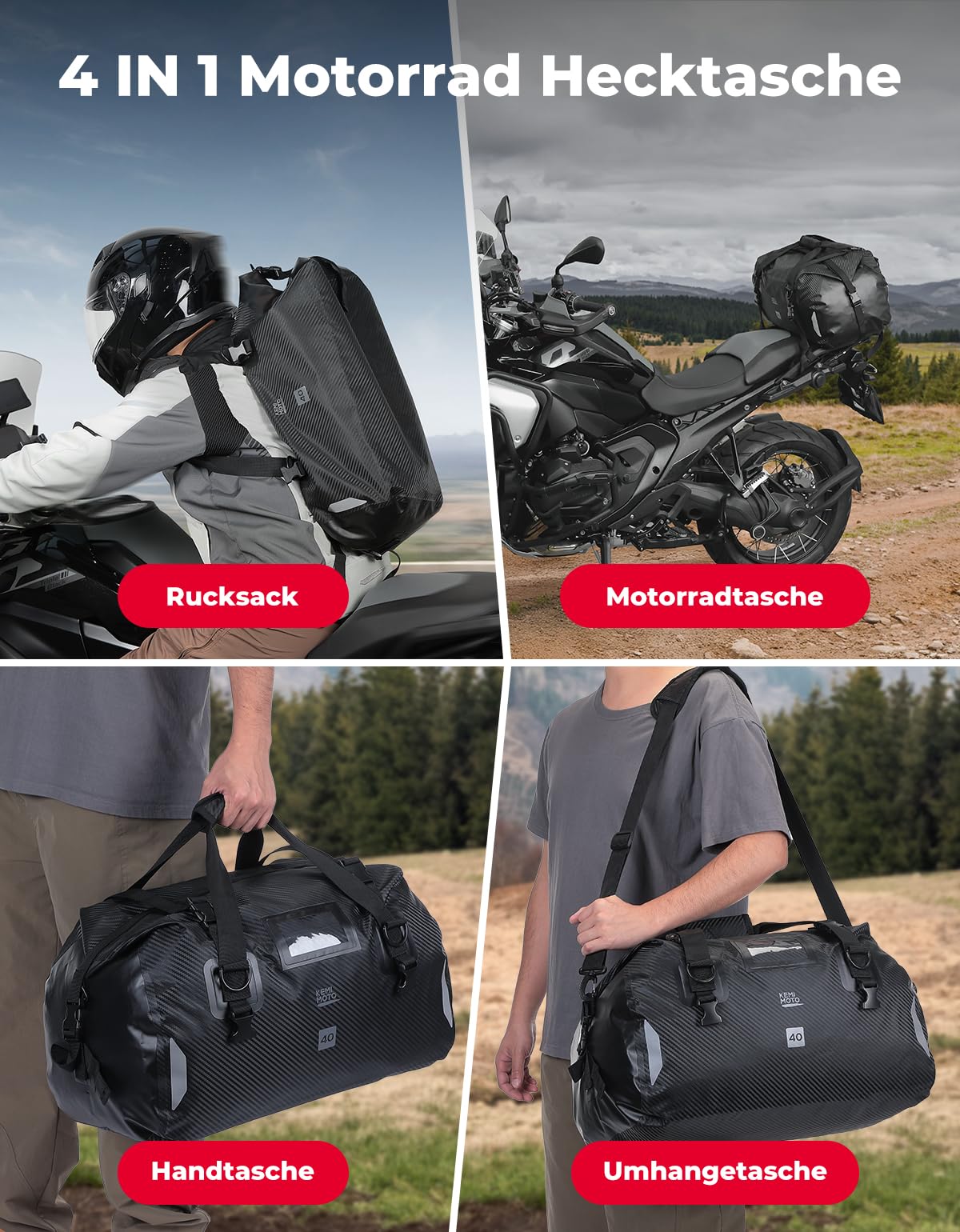 KEMIMOTO Motorrad Hecktasche 40L IPX6 wasserdichte Gepäckrolle mit Schnellverschlussgurten