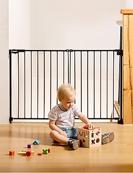 Babelio无底栏婴儿/宠物门，适用于楼梯和门口，易于拆卸安装，自动关闭功能，超宽通行门，30寸高，黑色铁制