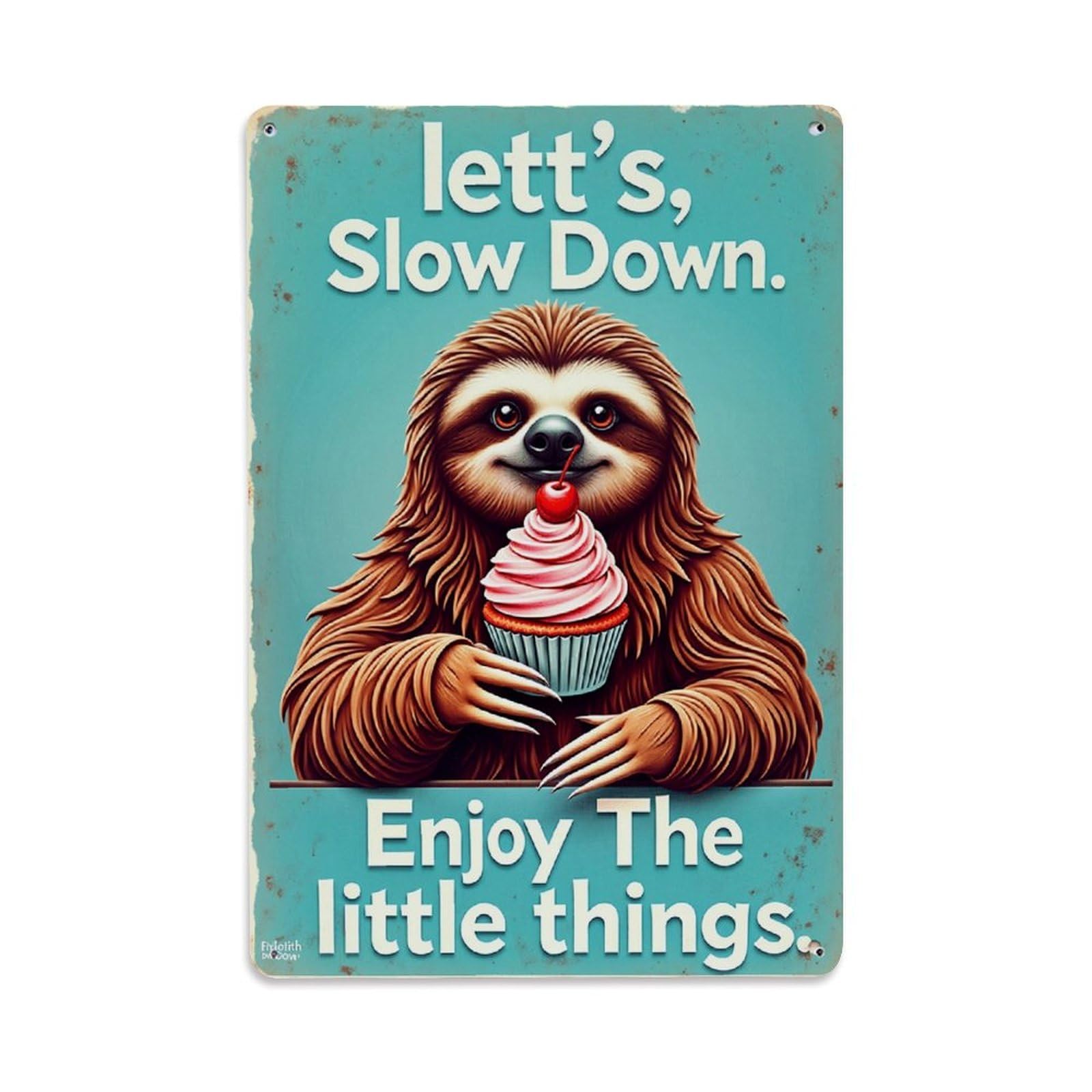 Jdfenggu Vintage Sloth Holding Pink Cupcake Retro Metal Tin Sign, Metal Poster For Bar, Home, Man Cave, Kitchen, Laundry Room Art Decor 8X12 Inch