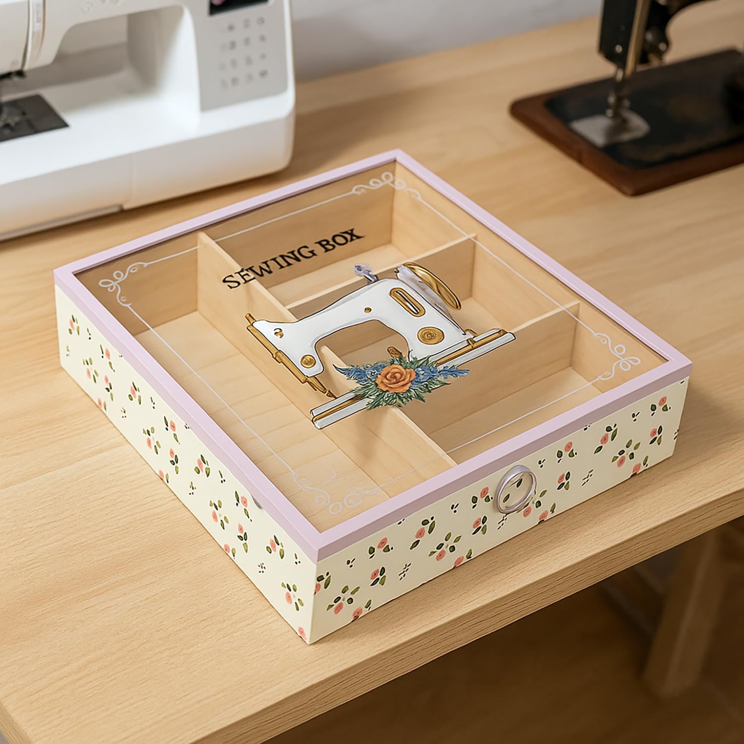 TIENDA EURASIA – Caja Costurero | Bandeja de 4 Compartimentos | Material Madera | Tapa de Acrílico | Diseño Multicolor | Medidas 24x24x5 cm (Rosa Claro)