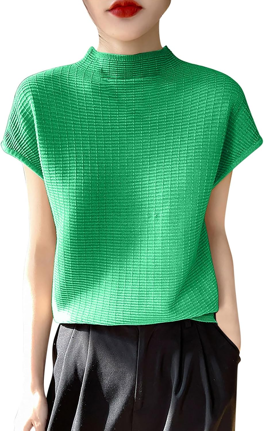 Women's Summer Short Sleeve Tops Ribbed Knit Basic Tee Casual T Shirts Blouse Casual Loose Fit Mock Neck Blouse