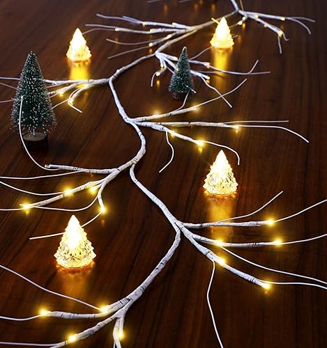 Guirnalda de abedul de Navidad con luces de 6 pies, funciona con 48 LED, funciona con pilas, ramita iluminada con temporizador para Navidad,